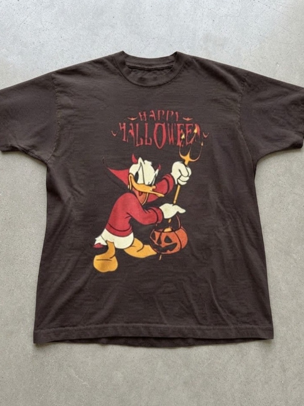 Devil Donald Duck Halloween Graphic Tee Brown Cotton Gildan T-Shirt